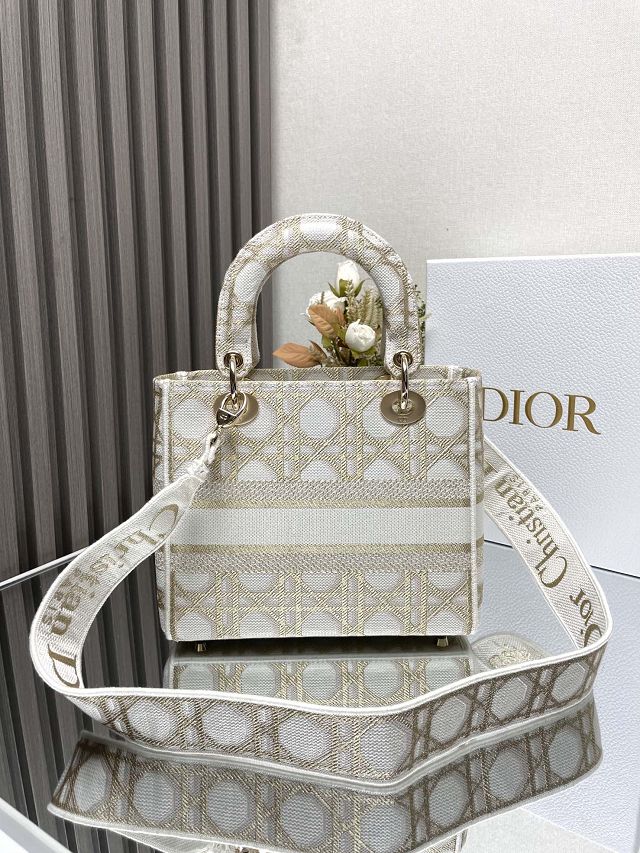 Dior original cotton medium lady bag M0565 white&gold