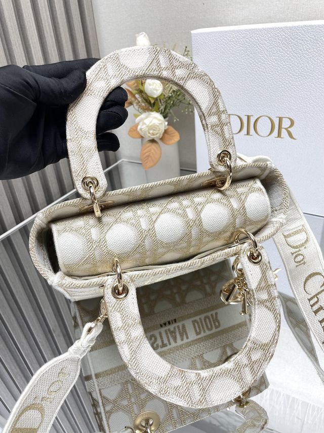 Dior original cotton medium lady bag M0565 white&gold