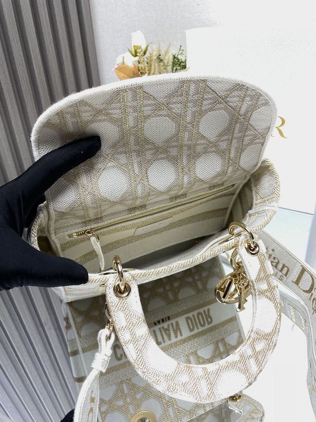 Dior original cotton medium lady bag M0565 white&gold