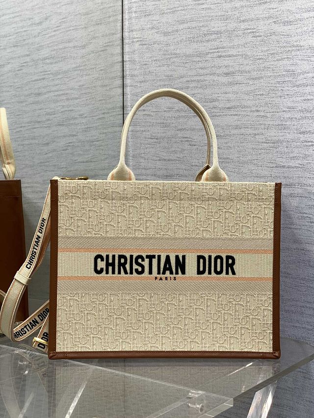 Dior original cotton&calfskin medium book tote bag M1324 beige&brown