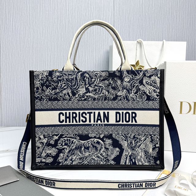 Dior original cotton&calfskin medium book tote bag M1324 black&blue