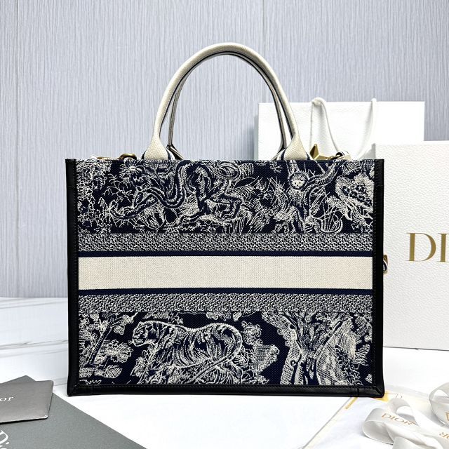 Dior original cotton&calfskin medium book tote bag M1324 black&blue