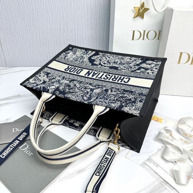 Dior original cotton&calfskin medium book tote bag M1324 black&blue