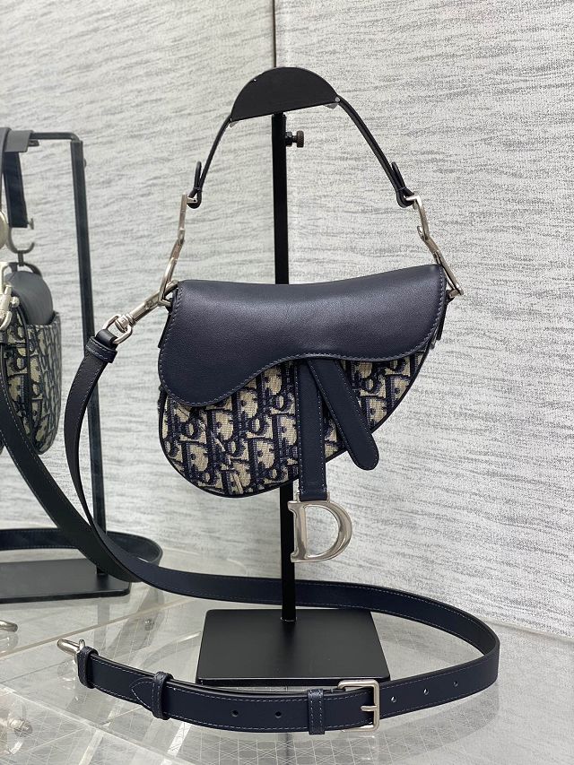 Dior original cotton&calfskin mini saddle bag M0456 blue