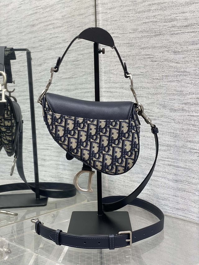 Dior original cotton&calfskin mini saddle bag M0456 blue