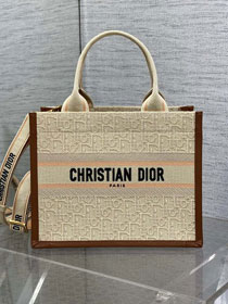 Dior original cotton&calfskin small book tote bag M1325 beige&brown