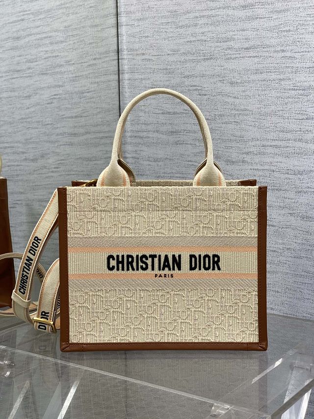 Dior original cotton&calfskin small book tote bag M1325 beige&brown