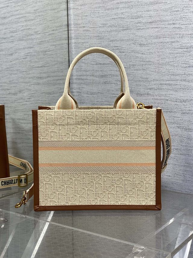 Dior original cotton&calfskin small book tote bag M1325 beige&brown