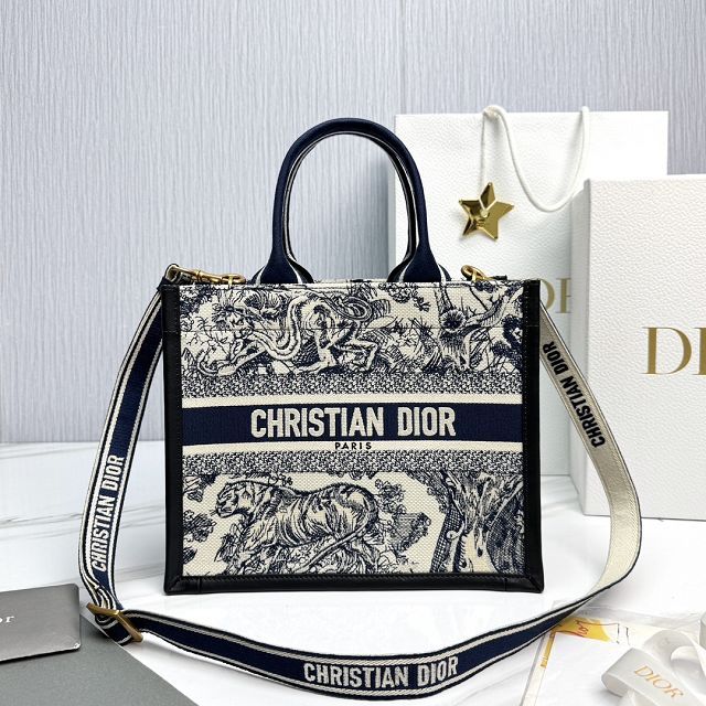 Dior original cotton&calfskin small book tote bag M1325 black&blue