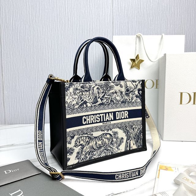 Dior original cotton&calfskin small book tote bag M1325 black&blue