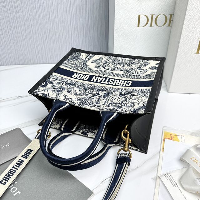 Dior original cotton&calfskin small book tote bag M1325 black&blue