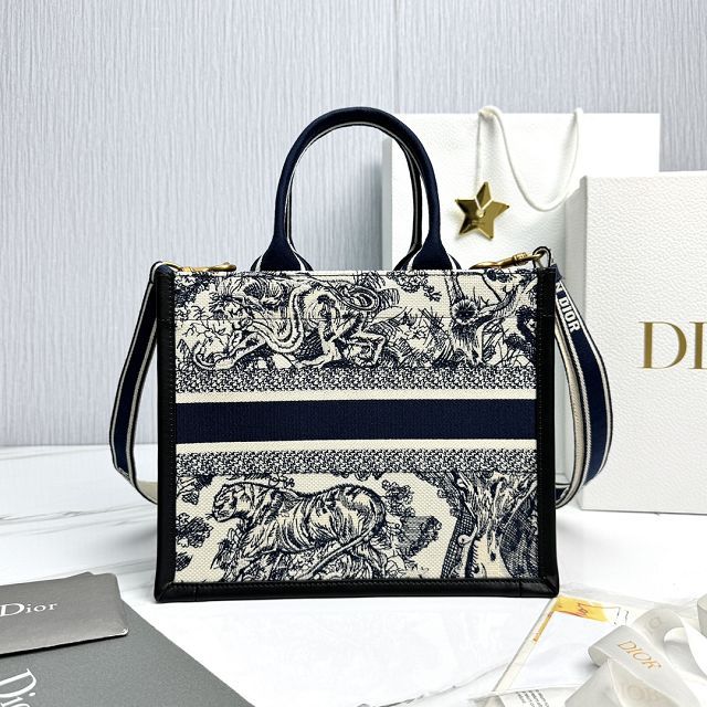 Dior original cotton&calfskin small book tote bag M1325 black&blue