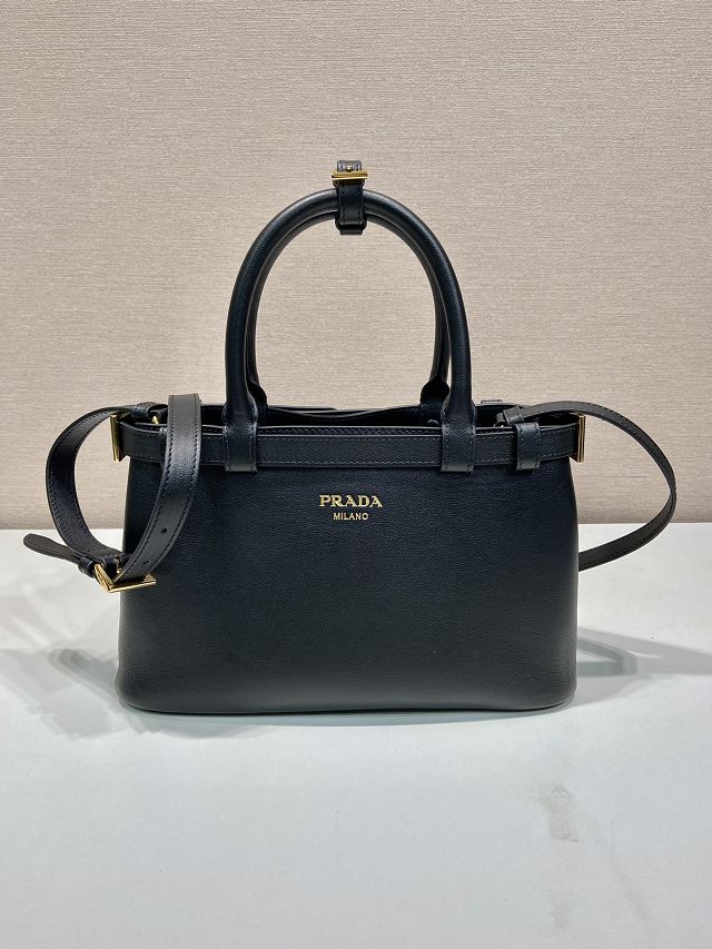 Prada original calfskin small belt buckle handbag 1BA418 black