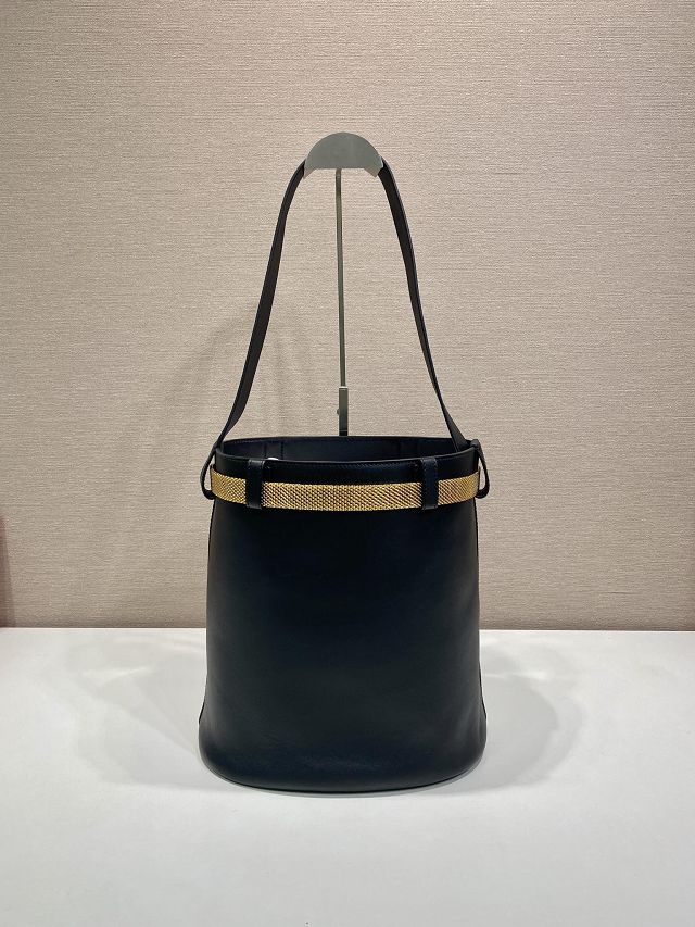 Prada original calfskin bucket bag with jeweled belt 1BE085 black