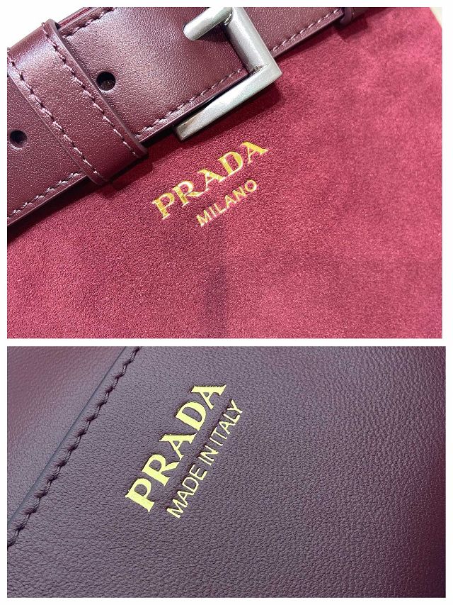 Prada original suede bucket bag with belt 1BE085 bordeaux