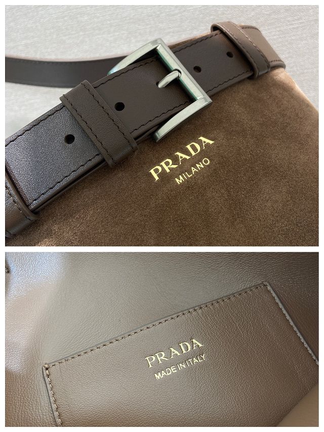 Prada original suede bucket bag with belt 1BE085 brown