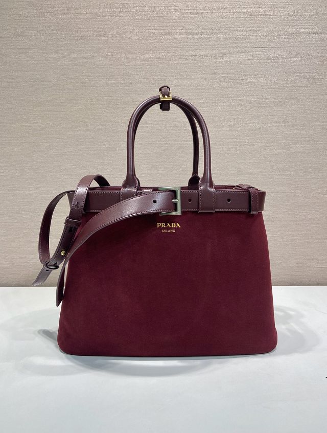 Prada original suede large tote bag with belt 1BA416 bordeaux