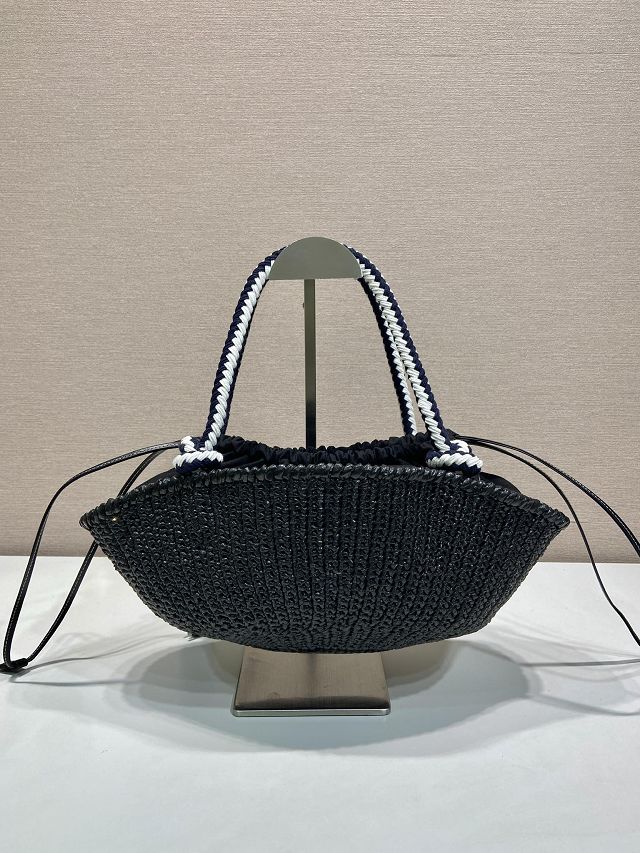 Prada original raffia crochet basket bag 1BA463 black