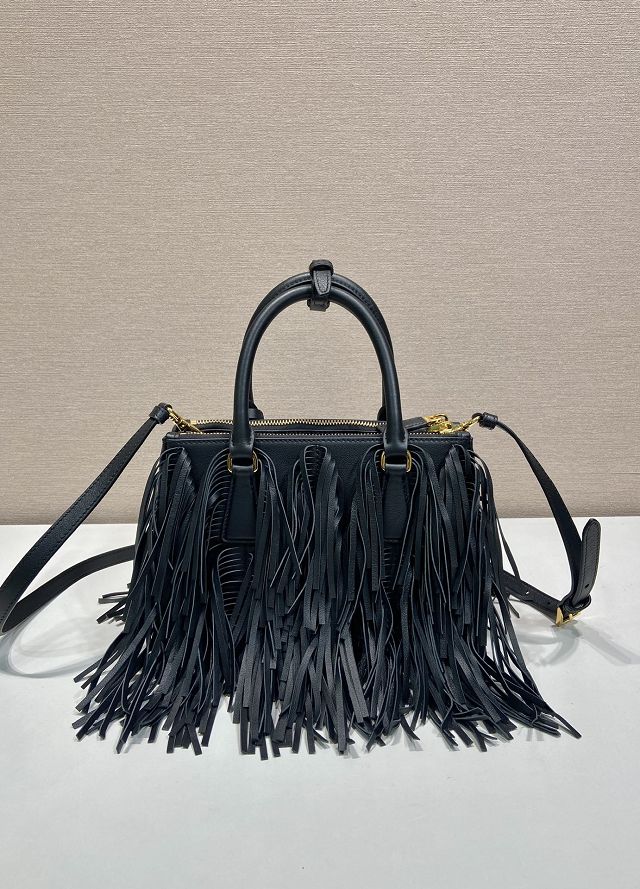 Prada original soft calfskin galleria small bag with fringe 1BA896 black