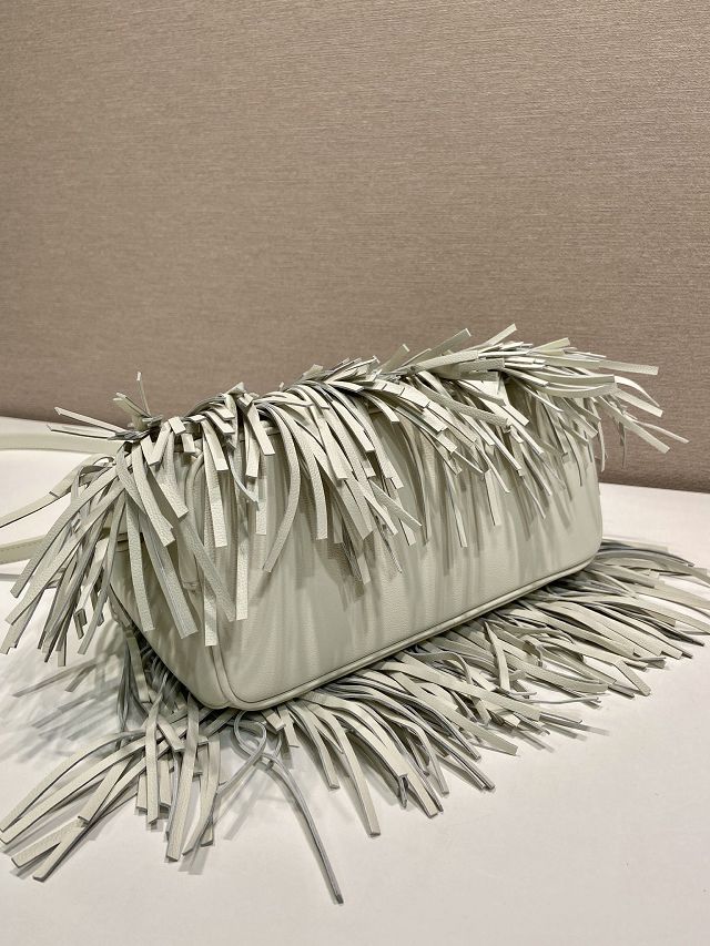 Prada original soft calfskin galleria small bag with fringe 1BA896 white