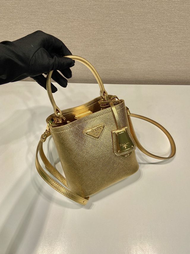 Prada original saffiano calfskin mini bucket bag 1BA373 gold