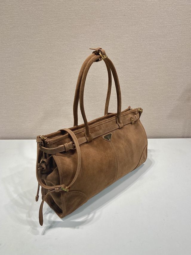 Prada original suede bonnie large tote bag 1BA433 dark brown