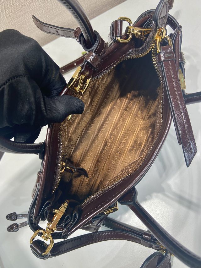 Prada original calfskin bonnie mini tote bag 1BA486 dark brown