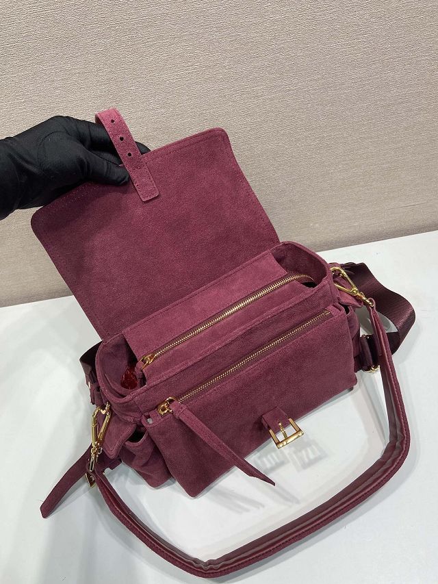 Prada original suede explore medium shoulder bag 1BD394 burgundy