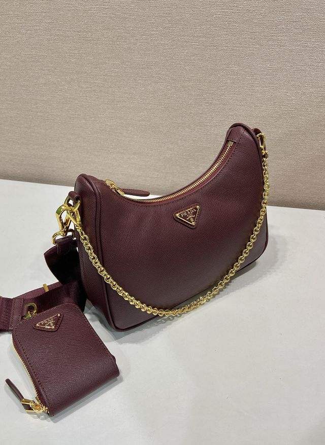 Prada original saffiano calfskin re-edition 2005 hobo bag 1BH204 burgundy
