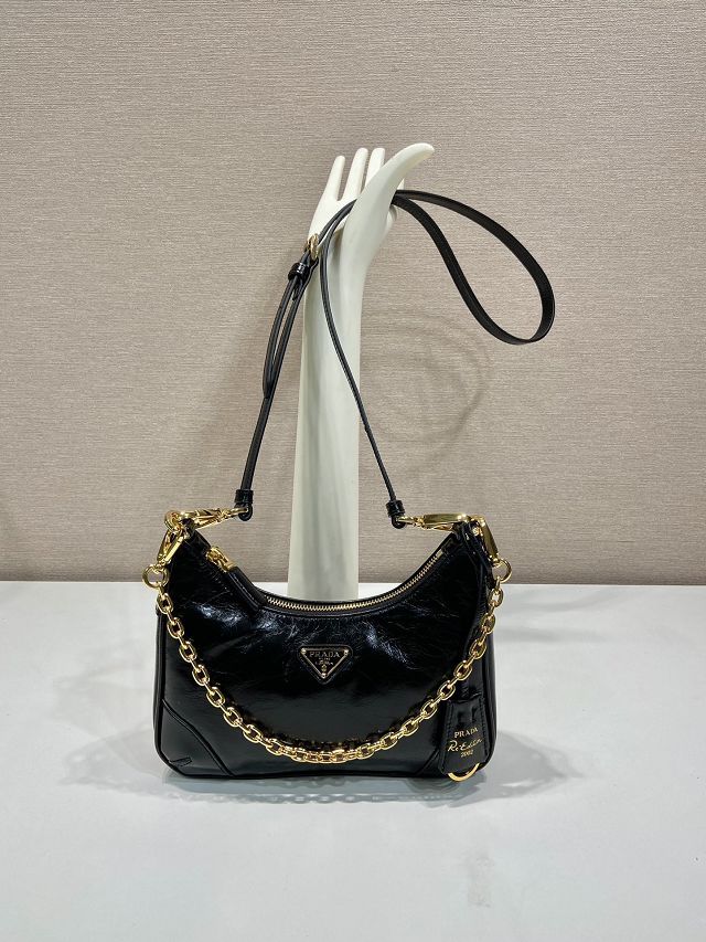 Prada original shiny calfskin re-edition mini bag 1BC204B black