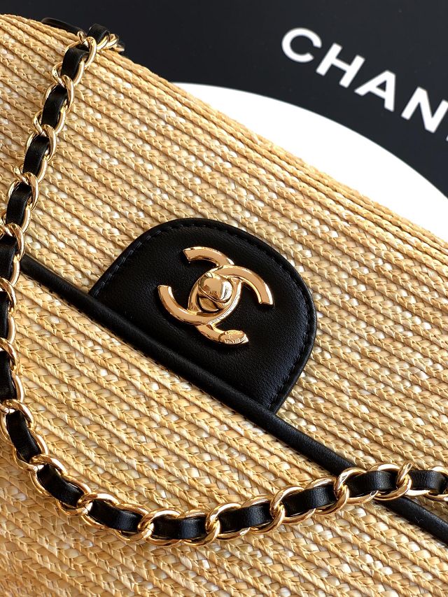 CC original straw medium flap bag AS6018 beige&black