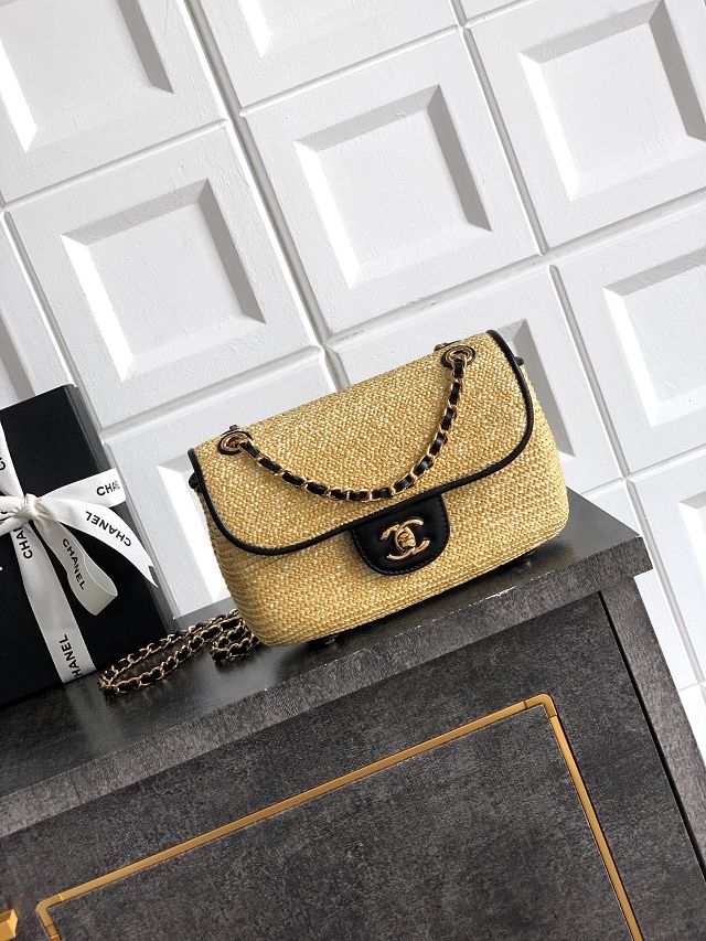 CC original straw small flap bag AS6017 beige&black