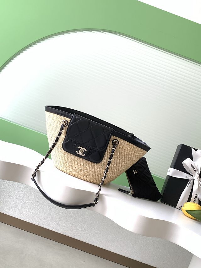 CC original straw small tote bag AS5951 beige&black