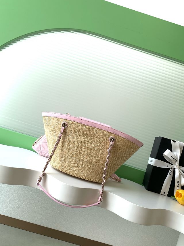 CC original straw small tote bag AS5951 beige&pink