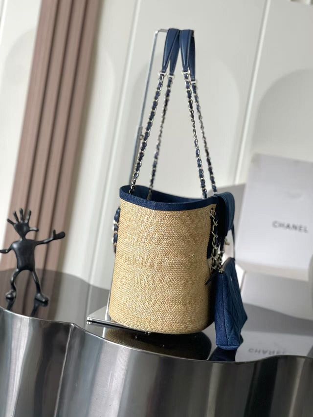 CC straw large tote bag AS5952 denim blue