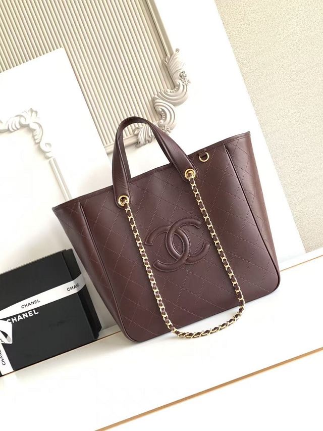 CC calfskin small shopping bag AS6200 dark brown
