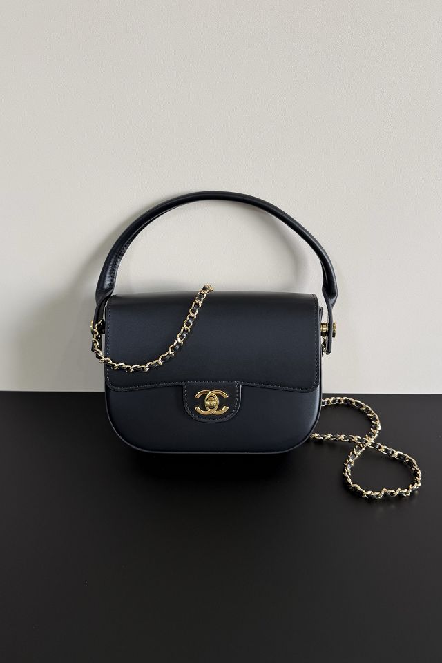 CC calfskin top handle mini flap bag AS6424 black