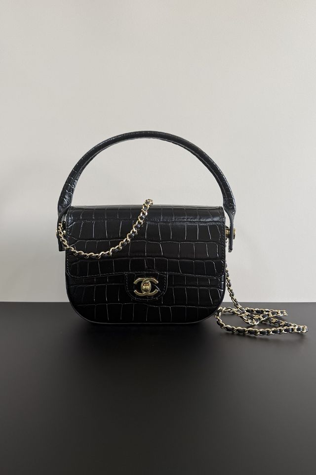 CC crocodile calfskin top handle mini flap bag AS6424 black
