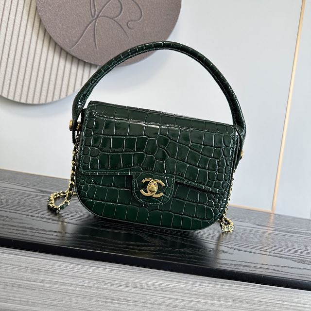 CC crocodile calfskin top handle mini flap bag AS6424 green