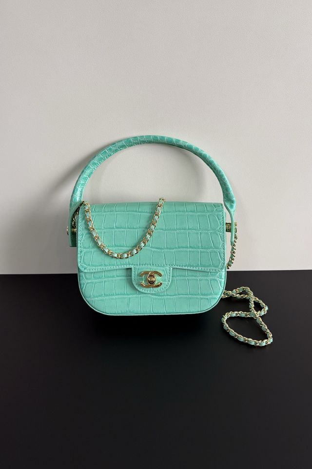 CC crocodile calfskin top handle mini flap bag AS6424 mint green