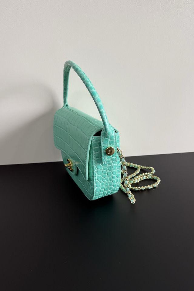 CC crocodile calfskin top handle mini flap bag AS6424 mint green
