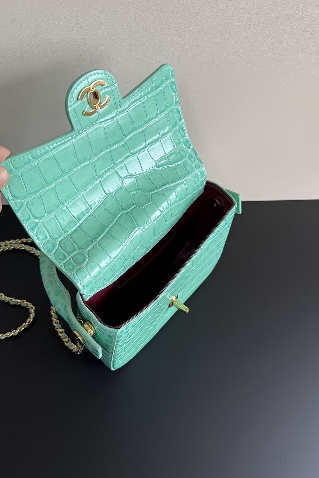 CC crocodile calfskin top handle mini flap bag AS6424 mint green