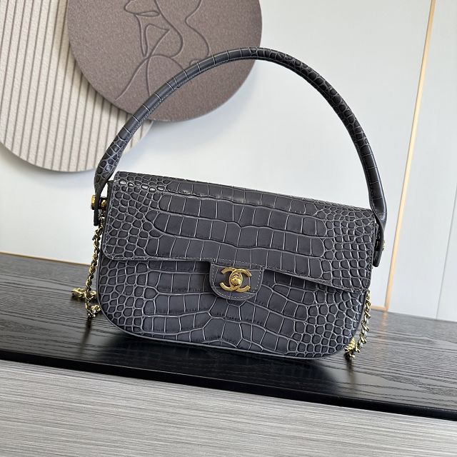 CC crocodile calfskin top handle small flap bag AS6425 grey