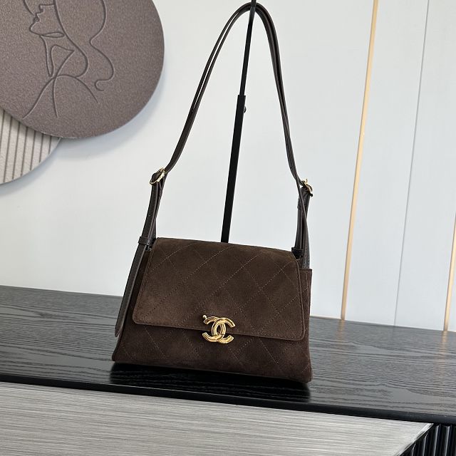 CC suede calfskin small flap bag AS6489 dark brown