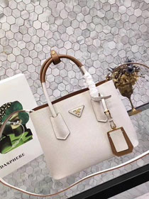 Prada small saffiano lux tote original leather bag bn2754 white&tan