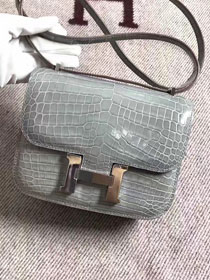 Top hermes 100% genuine crocodile leather constance bag C0023 ice blue