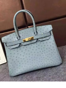 Top hermes genuine 100% ostrich leather handmade birkin 35 bag K350 light blue