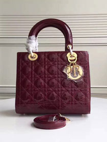 Dior original patent calfskin lady dior bag 44551 bordeaux