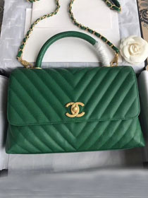 2018 CC original grained calfskin flap bag with top handle A92991 green