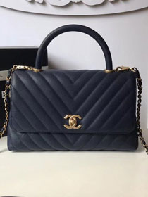 2018 CC original grained calfskin flap bag with top handle A92991 navy blue